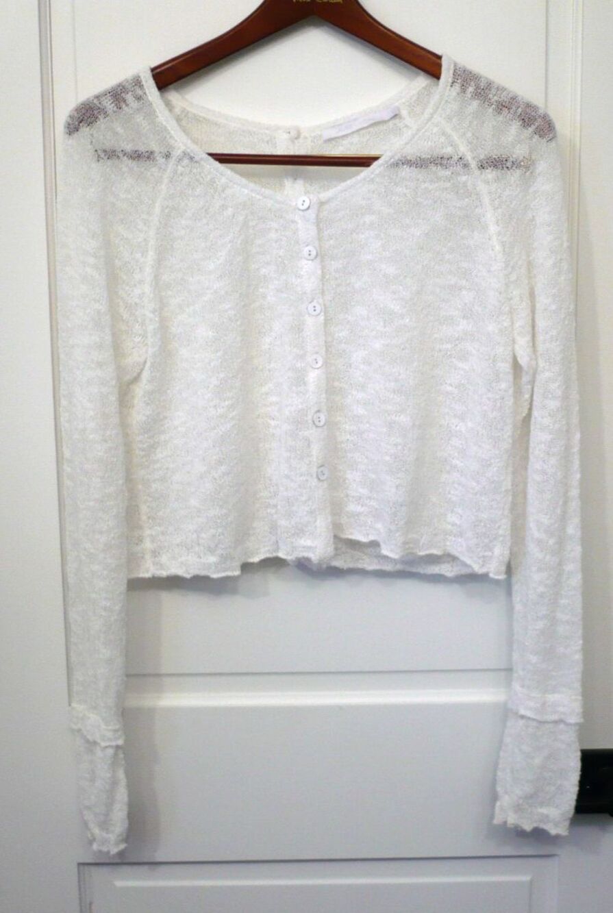 Lauren Vidal Lightweight Open Knit L Sweater Lettuce Hem Boho Coquette Luxury